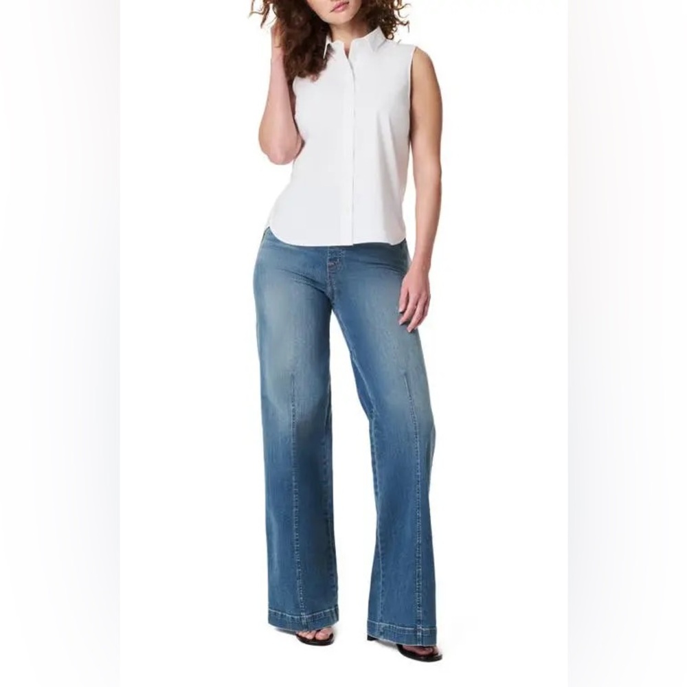 NWT SPANX Sleeveless Stretch light blue Cotton Poplin Button-Up Shirt XL - Picture 2 of 6